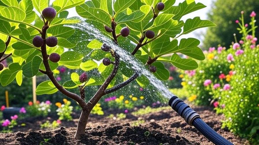 Healthy brown fig tree being watered in a sunny garden with well-draining soil".