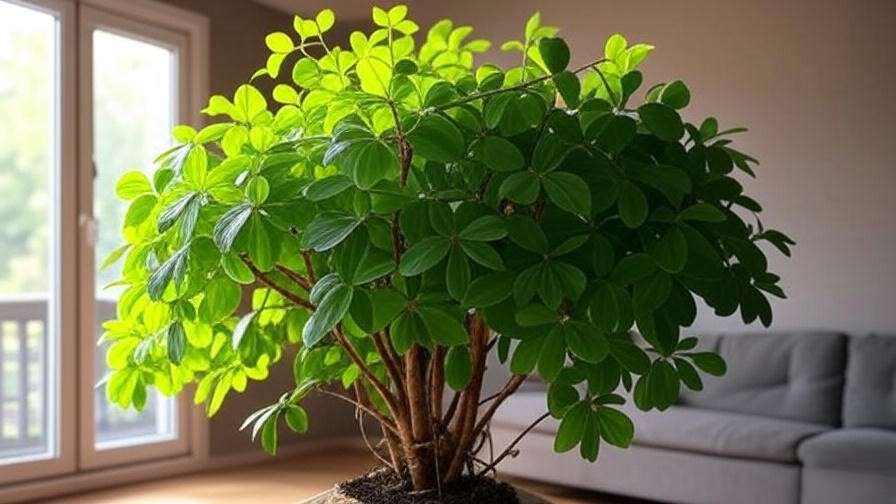 Healthy money tree thriving under grow light in indoor setting".