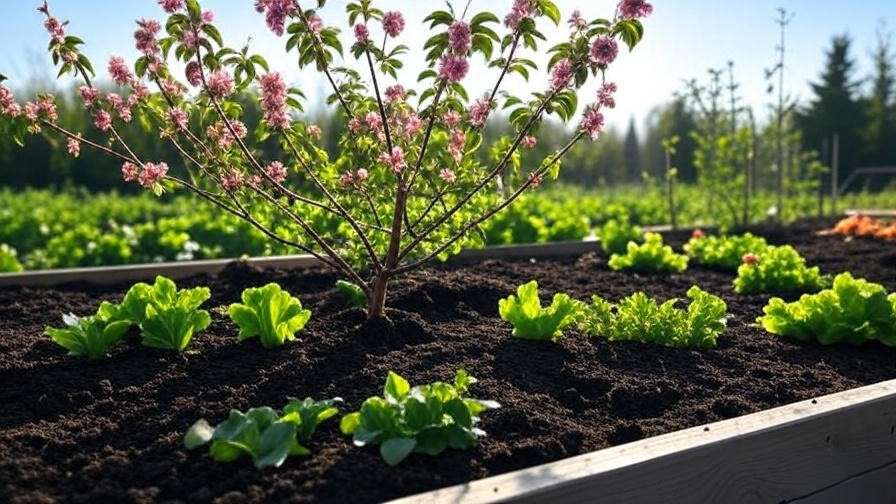 Raised bed with healthy cherry tree and amended soil for better drainage."