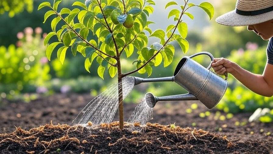 "Watering a pear tree with healthy green leaves and mulch in a lush garden".