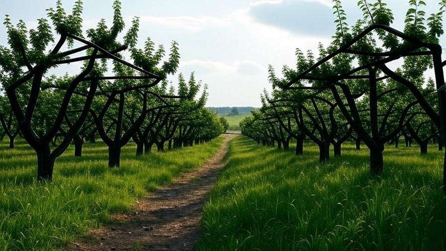 Wide view of pruned cherry trees with open canopies in a healthy orchard.