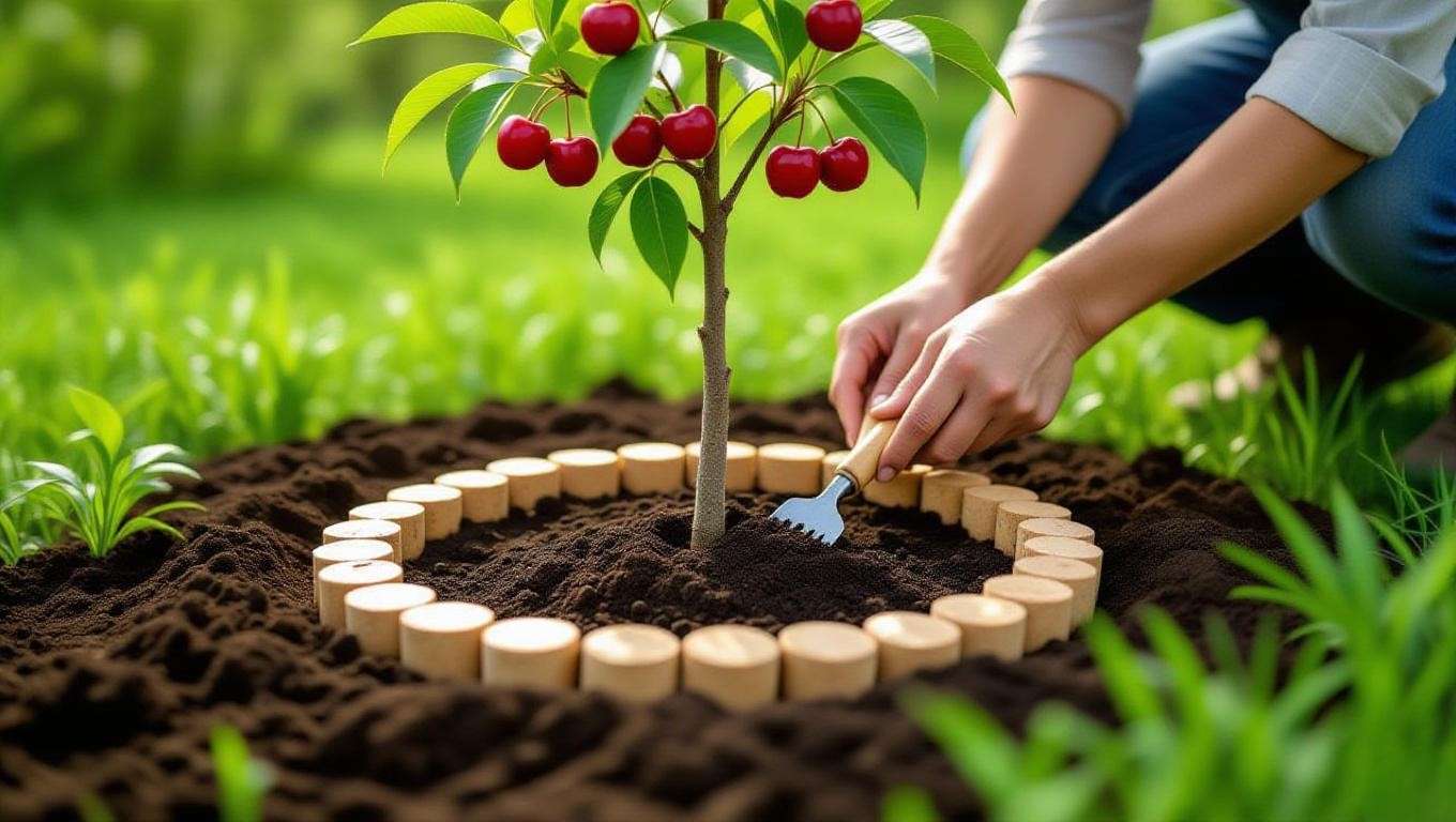 Cherry tree with neem cake and chitin amendments applied to soil