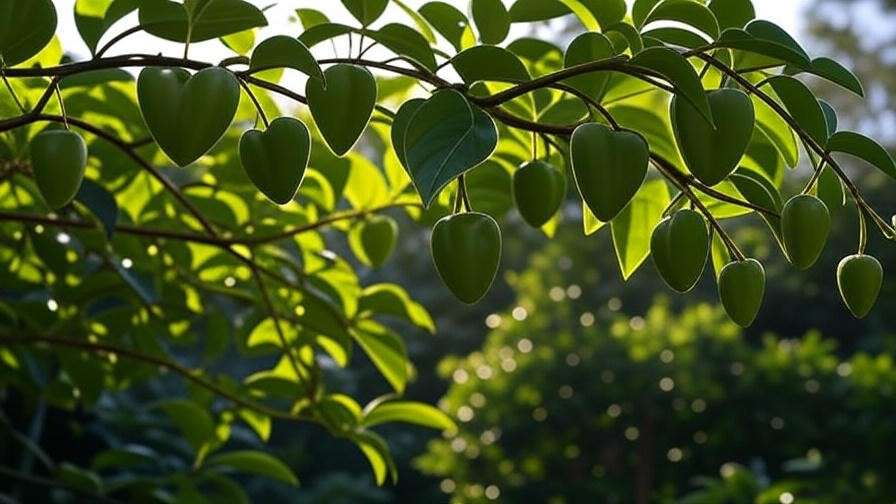 Healthy cheremoya tree with lush green leaves and heart-shaped fruits in a subtropical garden".