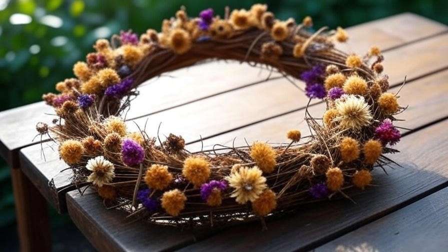Handmade wreath with dried mimosa seed pods and flowers on a garden table."
