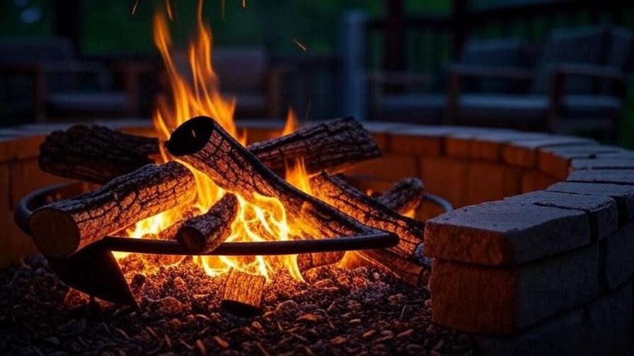 Warm backyard fire pit with burning oak logs and cozy outdoor seating area."