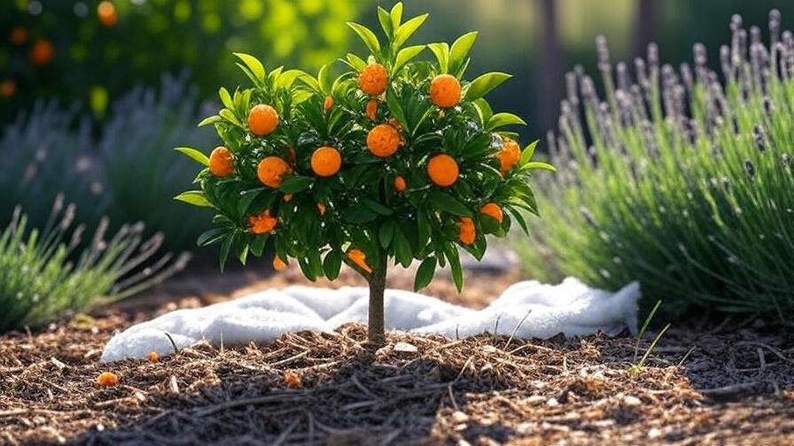 "Outdoor miniature orange tree with mulch and lavender, frost cloth nearby."