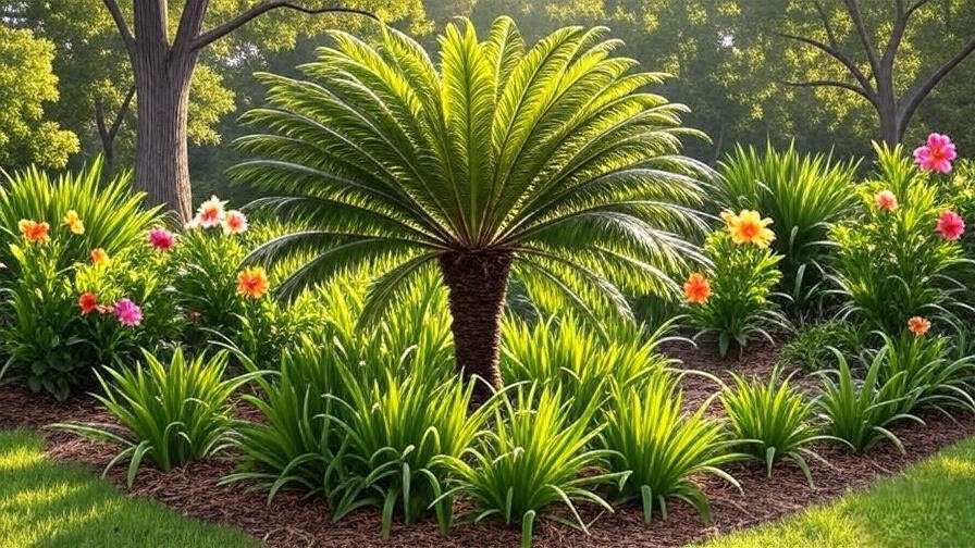 Outdoor landscape featuring a fern palm tree with hibiscus and cordyline plants."