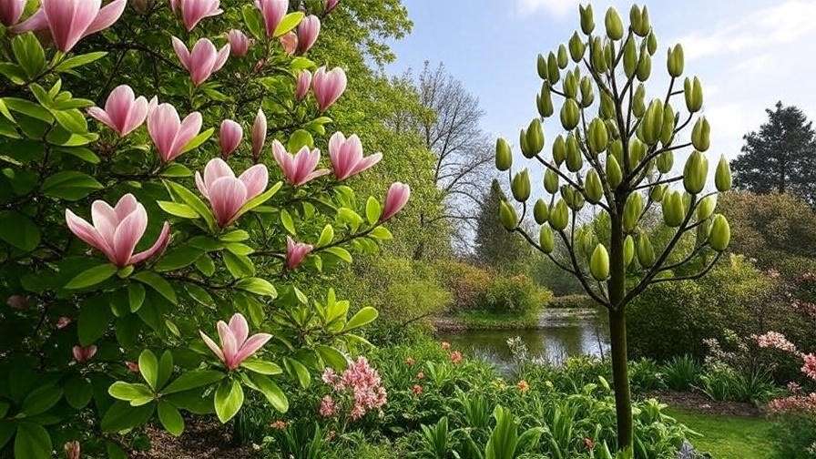 Blooming magnolia tree with pink flowers next to a tall tulip tree with notched leaves and yellow flowers in a garden"