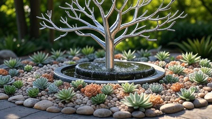 Stainless steel metal tree with succulents and pebbles near a water feature."