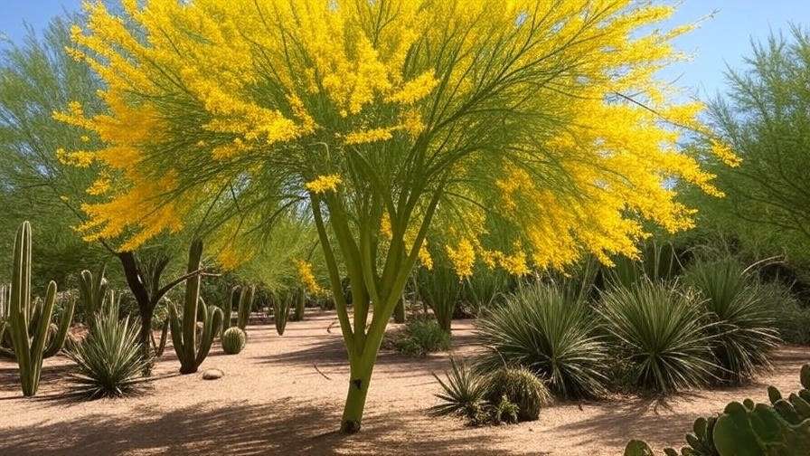 Palo Verde tree with yellow flowers and green bark in a Southwestern garden.