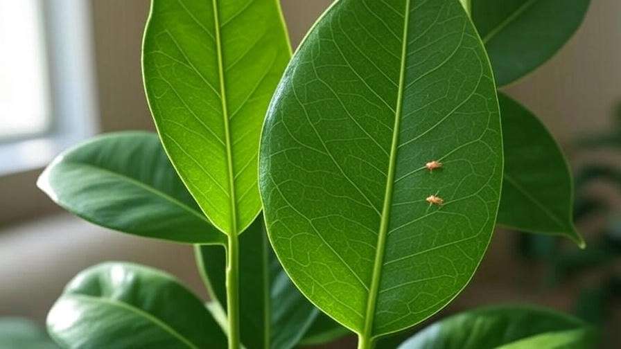 "Ficus leaf with spider mites and treated leaf with neem oil."
