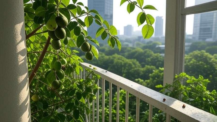 Columnar fruit tree on a balcony with organic pest control methods."