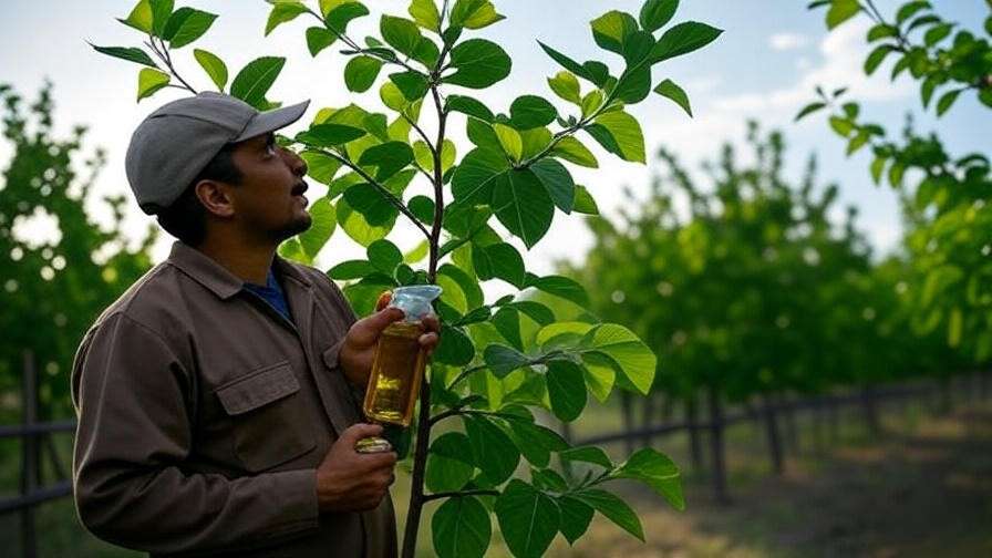 Gardener inspecting mulberry tree with organic pest control materials in an orchard."