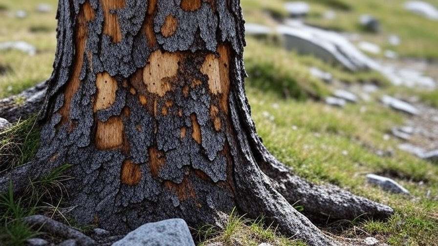 Mountain tree trunk with bark beetle damage next to healthy section in alpine setting".