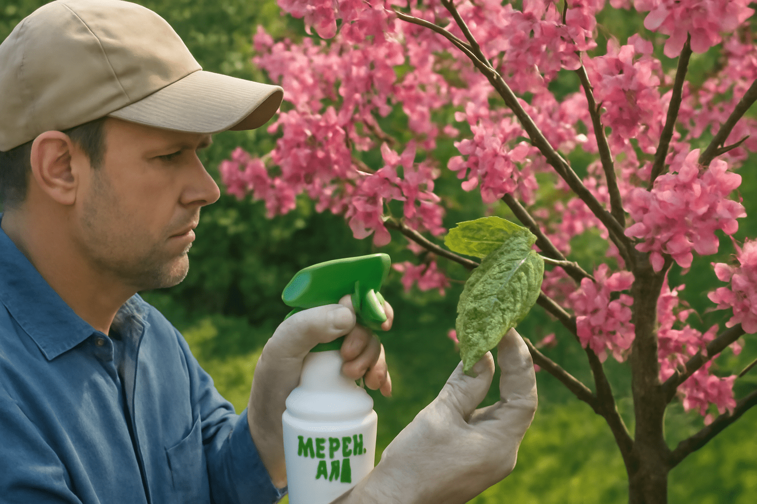 Gardener spraying neem oil on a pink-flowering tree with aphids in a garden"