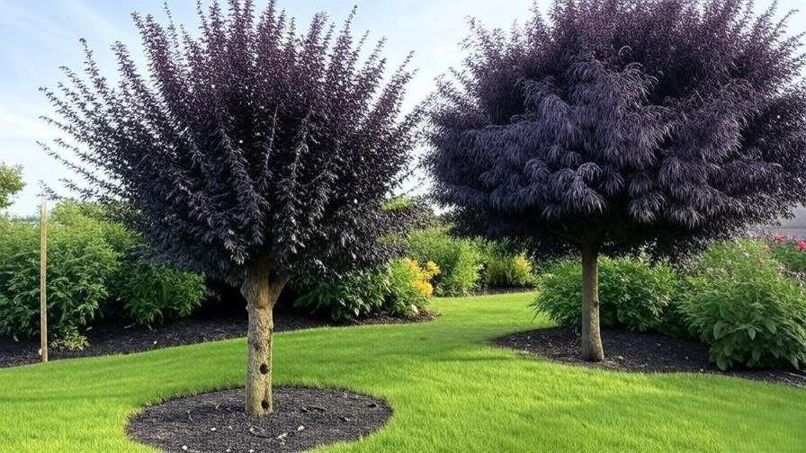 Comparison of a pest-damaged and healthy purple willow tree in a garden."