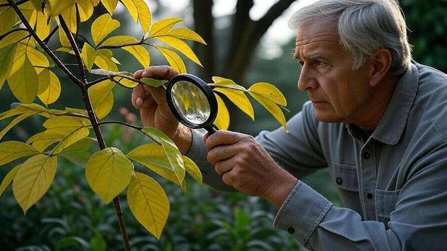 Cascara tree with yellowing leaves and gardener inspecting for aphids with organic pest control tools."