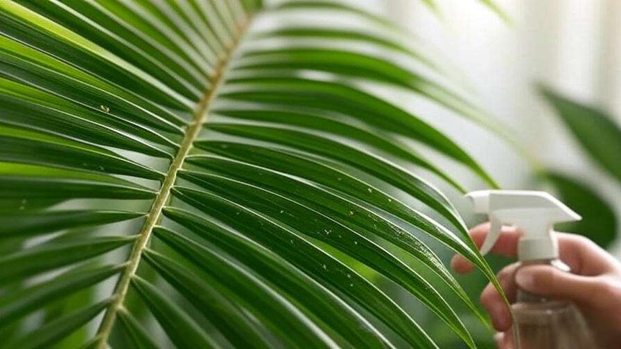 "Close-up of a palm leaf with spider mites being treated with neem oil spray".