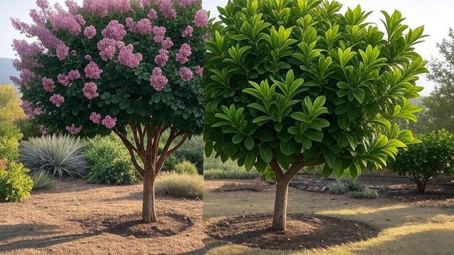 Zuni Crape Myrtle tree with powdery mildew vs healthy tree in garden