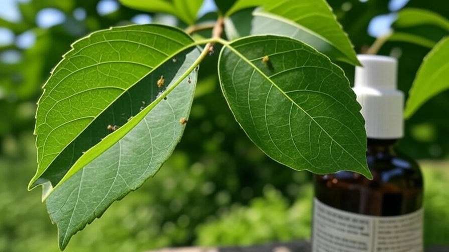 "Jamaican cherry tree leaf with aphids and neem oil spray bottle in a tropical garden."