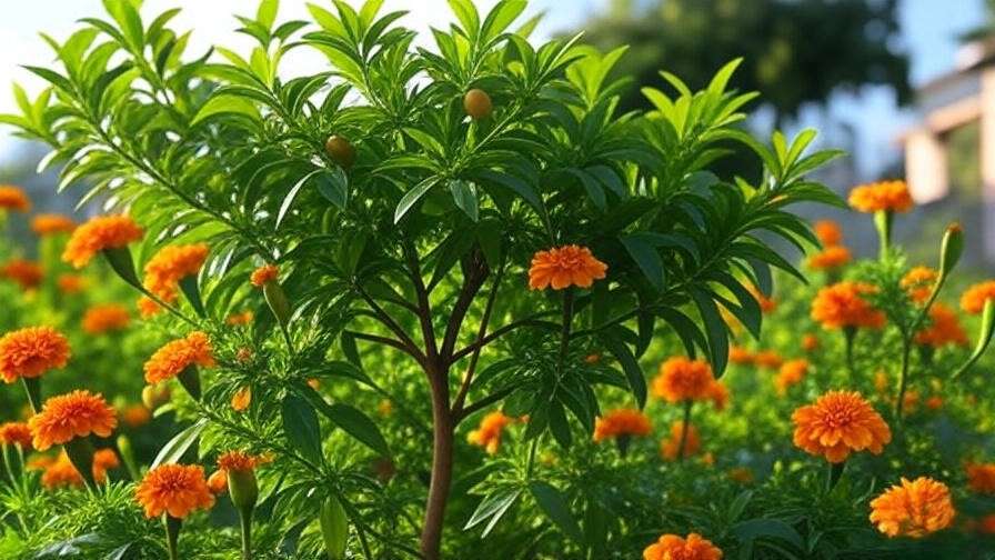 "Cheremoya tree with blooming marigolds for natural pest control in a garden".