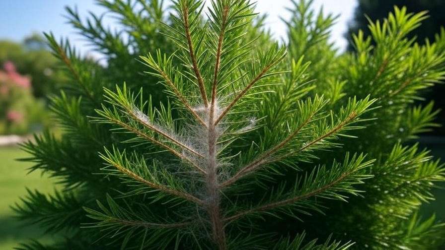Ellwoodii tree with spider mite webbing and needle discoloration in a garden."