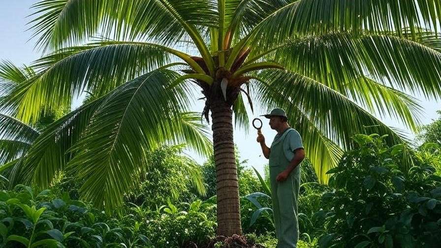 Gardener inspecting palm tree for pests with magnifying glass in a tropical setting"