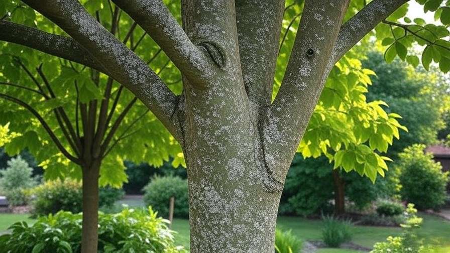 Columnar hornbeam tree with powdery mildew next to a healthy tree"