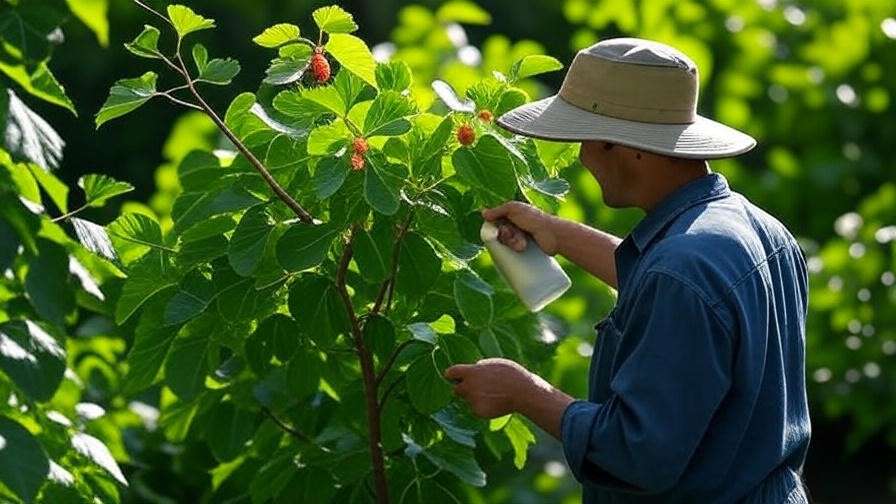 Gardener applying neem oil to a weeping mulberry tree to control pests in a healthy garden."