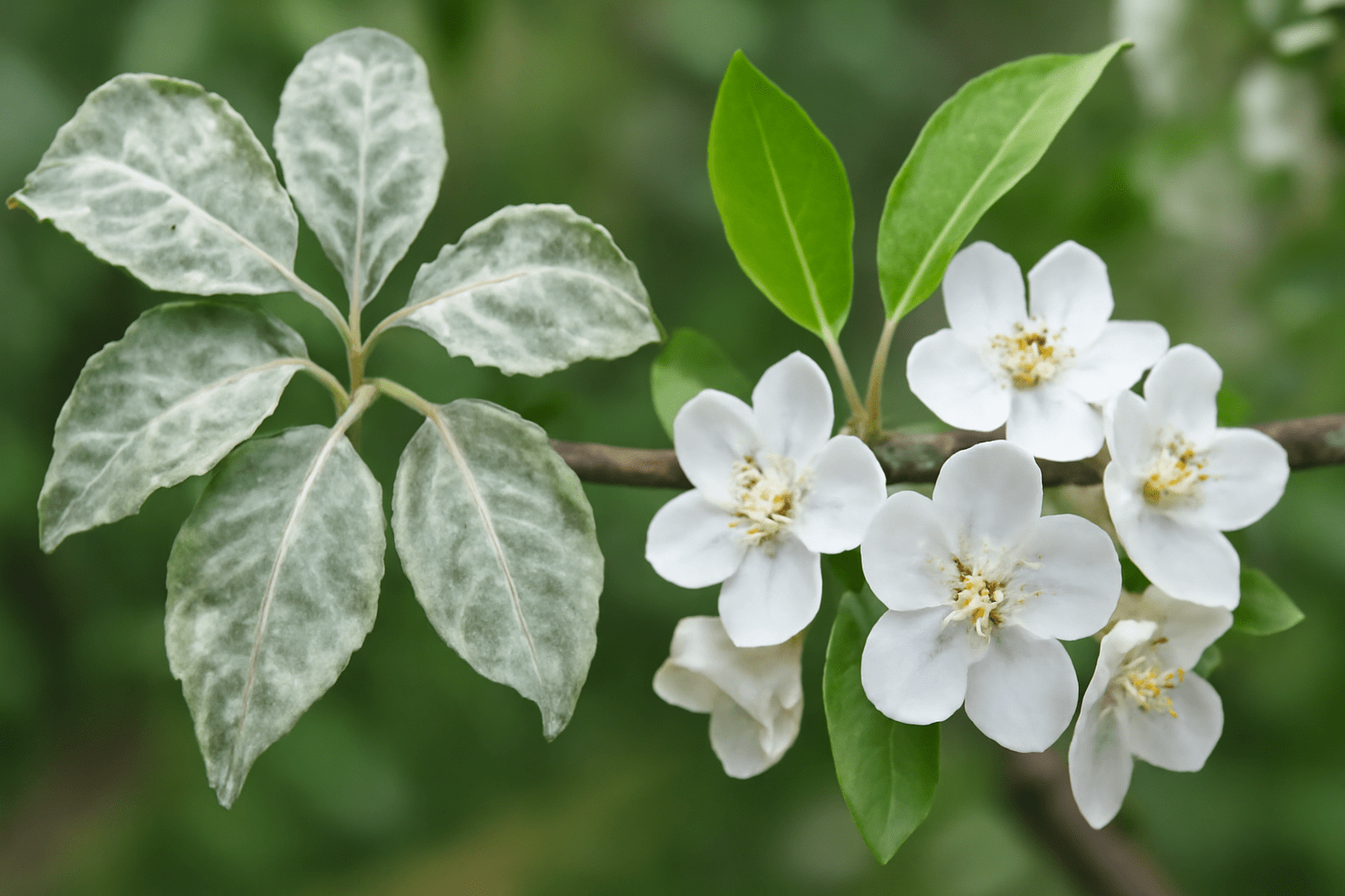 Tree with white flowers affected by powdery mildew, close-up of leaves, healthy branch contrast".