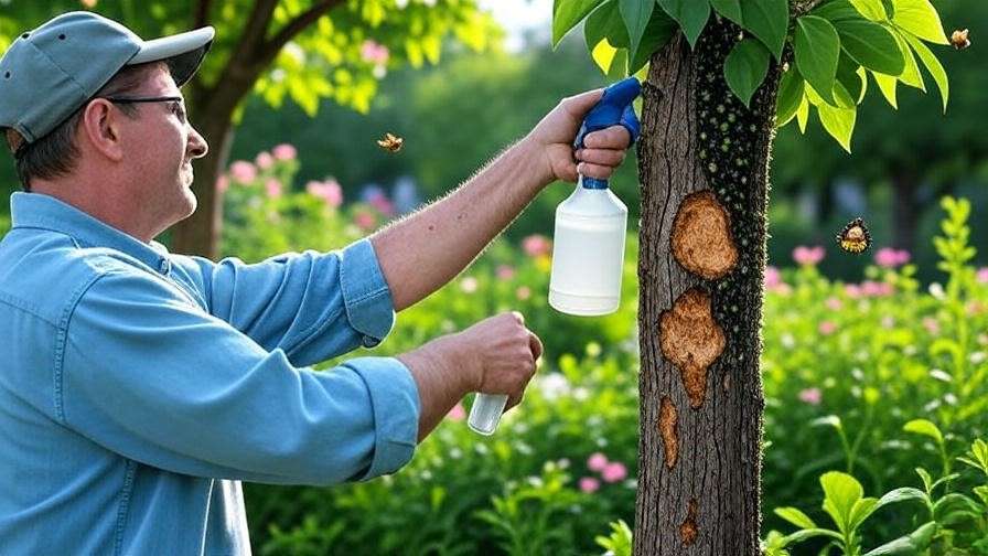 Gardener treating Texas lilac tree pest damage with neem oil in garden.