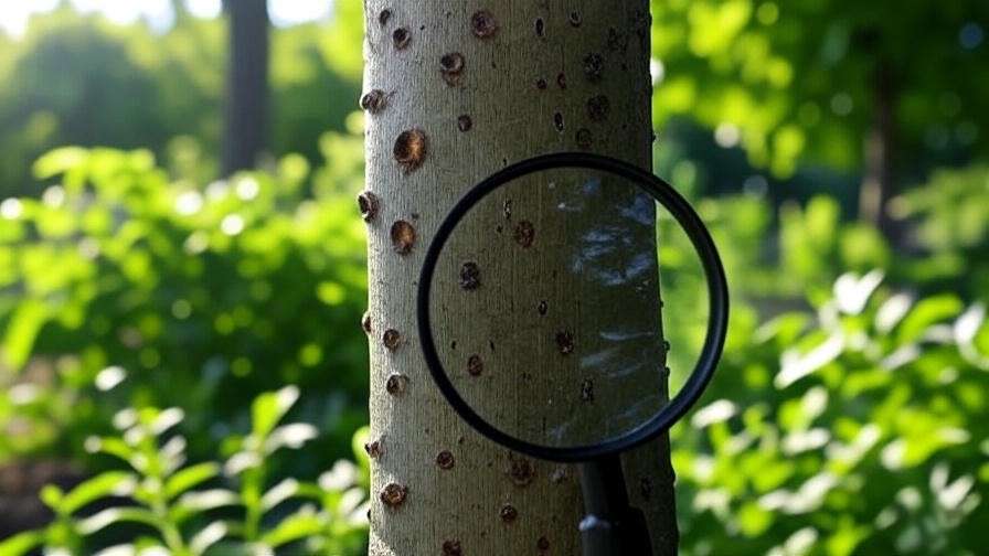 Close-up of tree trunk with pest damage and magnifying glass in lush garden."