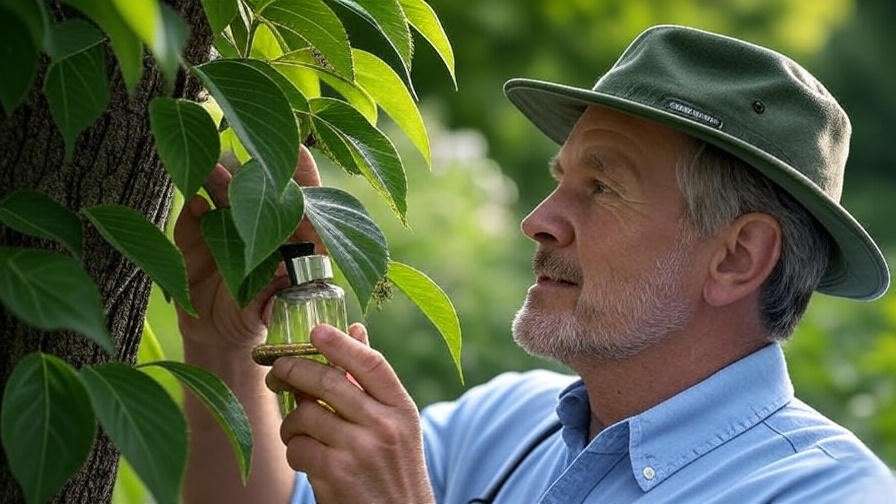 Gardener inspecting Legend Dogwood tree leaves for pests with neem oil spray."