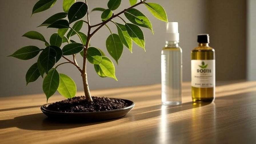 Ficus Audrey tree with spider mites and neem oil treatment bottle on a table".