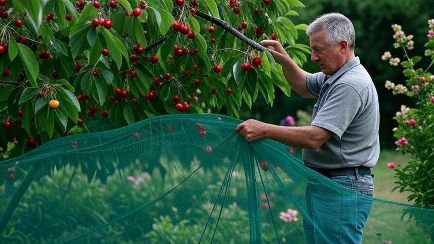 "Gardener installing bird netting on cherry tree with ripe cherries in garden".