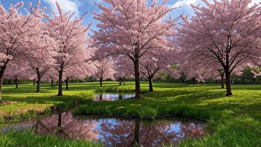 Close-up of cherry trees with anti-hail netting protecting blossoms under a partly cloudy sky.