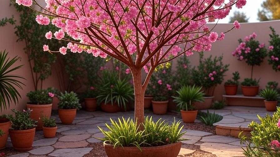 Pink flowering almond tree with double blooms in a patio garden".