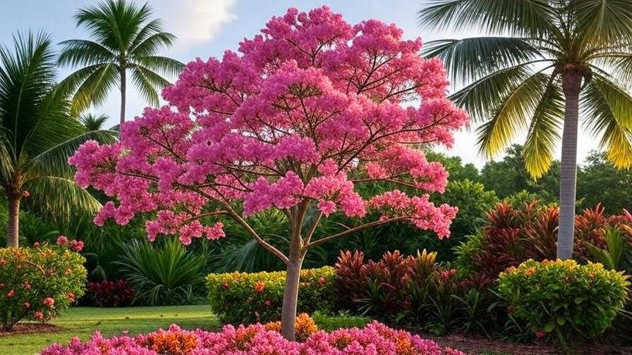 "Pink trumpet tree with vibrant blooms in a tropical garden".