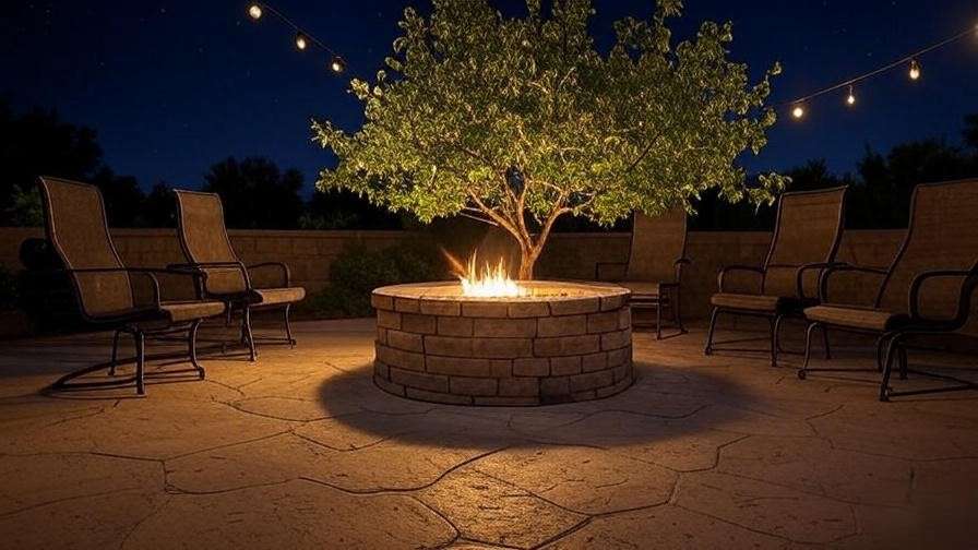"Safe patio bonfire setup with stone fire pit and spark screen near a healthy peach tree, showing proper distance and wind direction."
