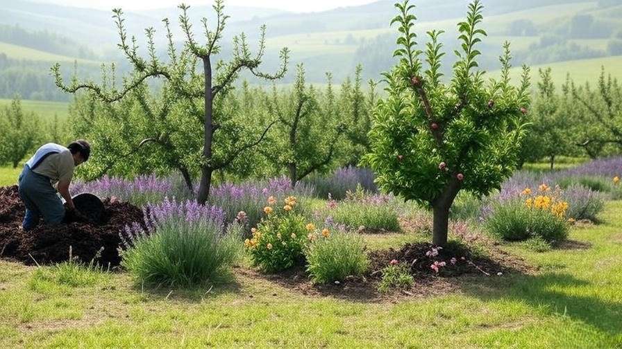 Sustainable orchard with apple trees and lavender flower