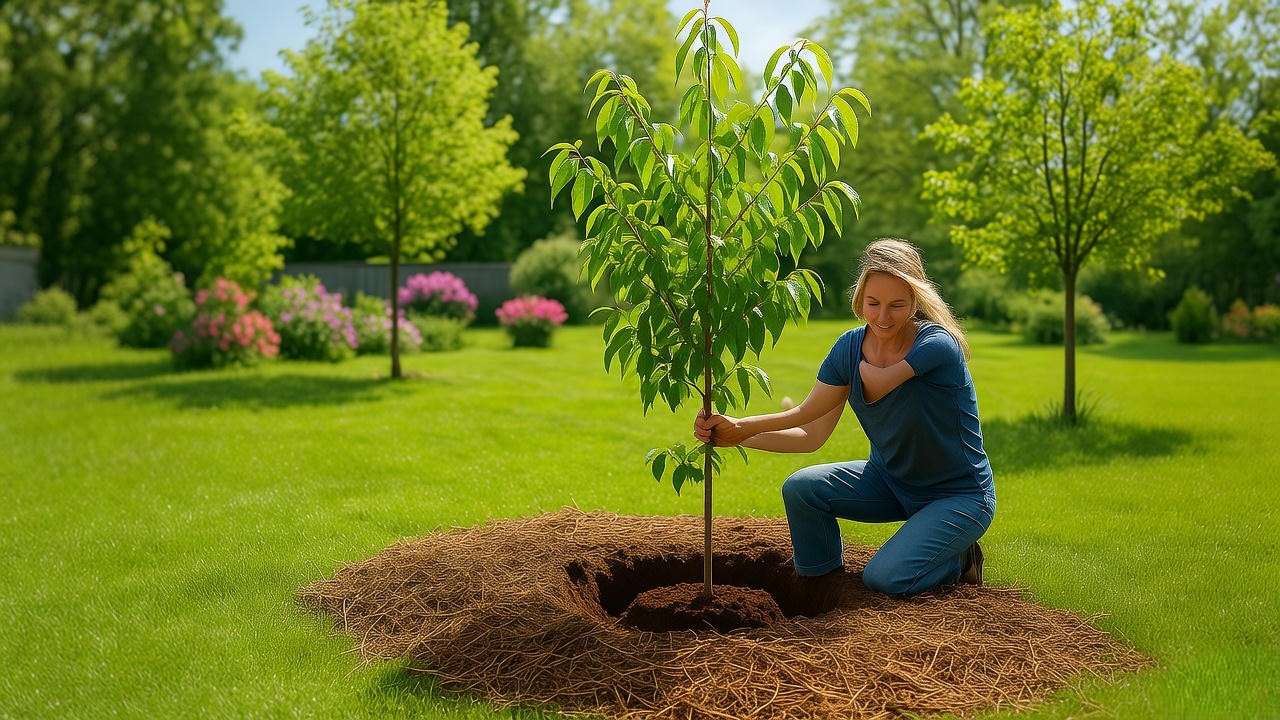 Gardener planting a peach tree with compost and mulch in a lush backyard"