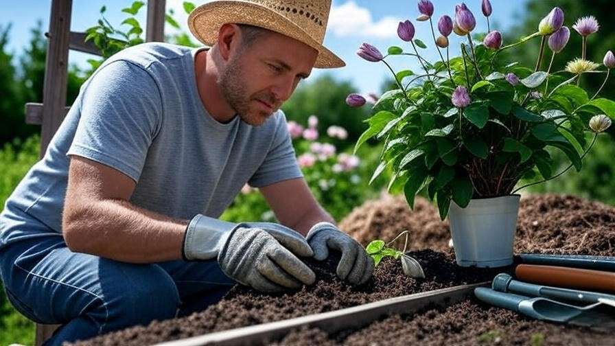 "Gardener planting alpine clematis in soil near a trellis with tools and compost."
