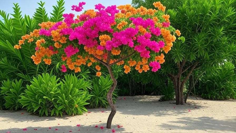 Vibrant bougainvillea tree trained with a stake in a tropical garden with sandy soil."