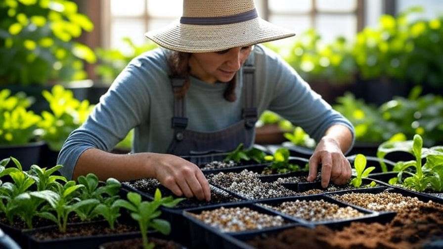 Gardener planting catalpa seeds in a seed tray with potting mix and perlite."