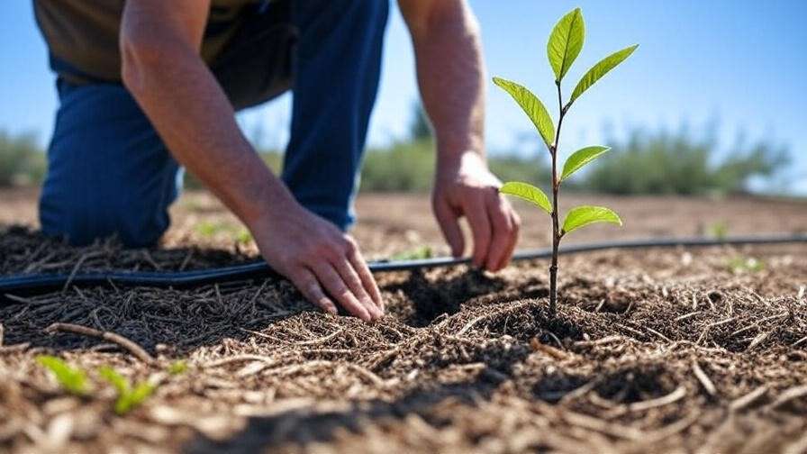 Gardener planting cherry tree sapling with mulch and drip irrigation in a hot climate."
