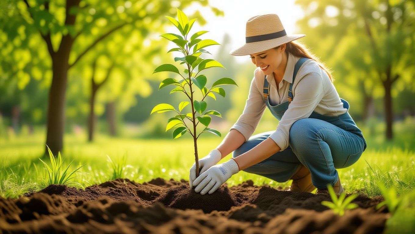 "Gardener planting a cherry tree with steps in a shaded garden setting