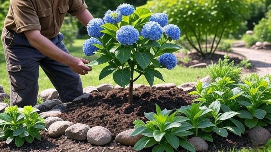 Gardener planting a hydrangea tree with compost in a garden bed".