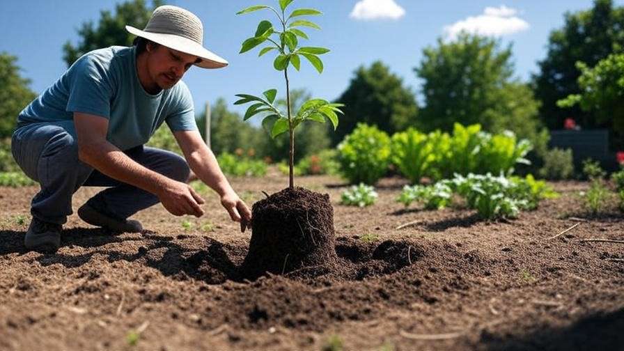 Gardener planting a cheremoya tree with compost in a sunny garden