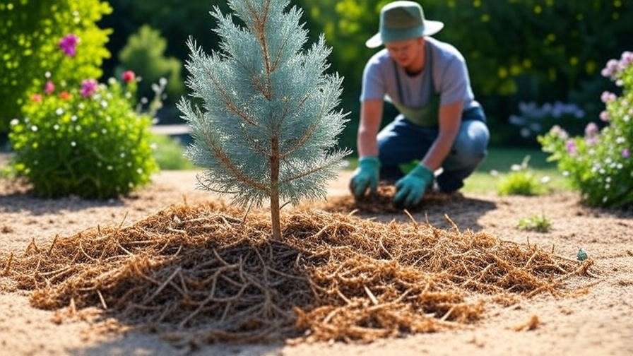 Blue cypress tree planting process with mulch in well-drained soil under sunlight".