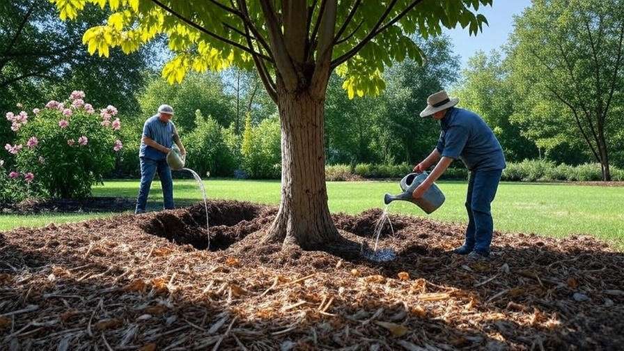 Step-by-step planting of a columnar hornbeam tree with mulching and watering"